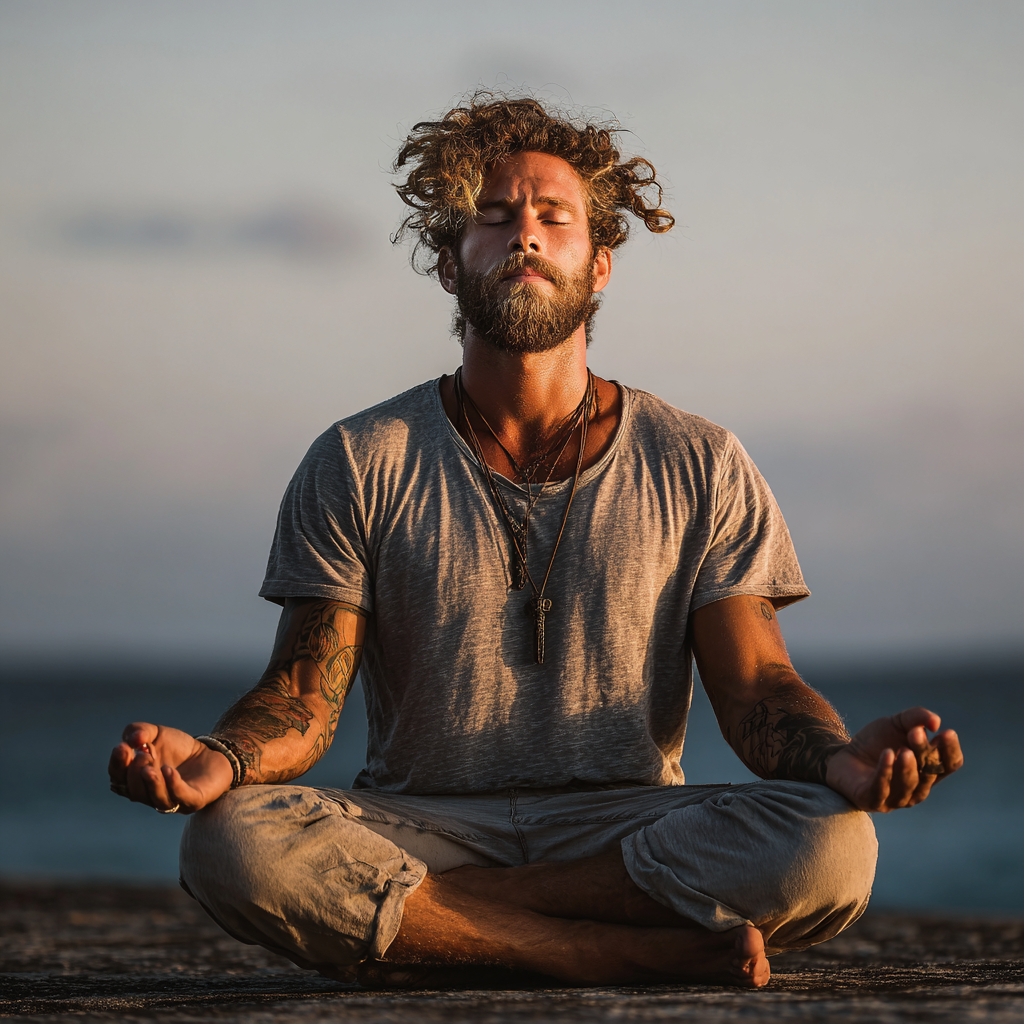Focused determined man meditating in peaceful environment showcasing mental strength and discipline