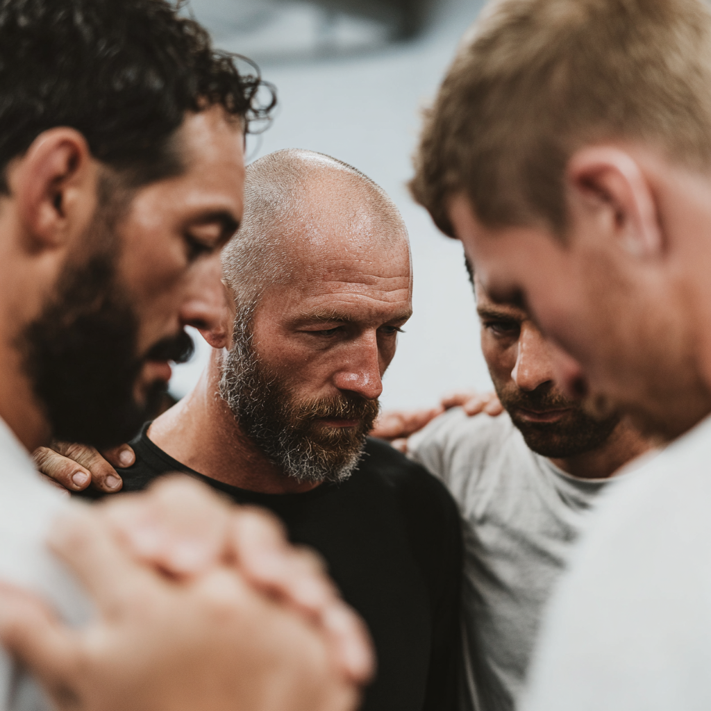 Group of motivated men supporting each other during challenging training session in team environment