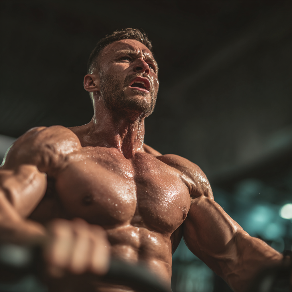 Strong athletic man performing intense workout training in modern gym facility